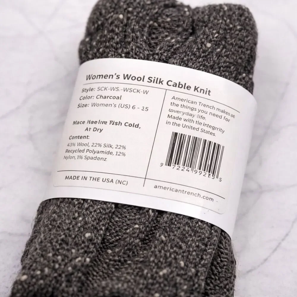 American Trench Premium Wool Silk Cable Knit Socks Charcoal Gray USA Women NWT